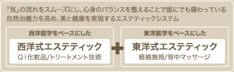 「気」の流れをスムーズにし、心身のバランスを整えることで誰にでも備わっている自然治癒力を高め、美と健康を実現するエステティックシステム